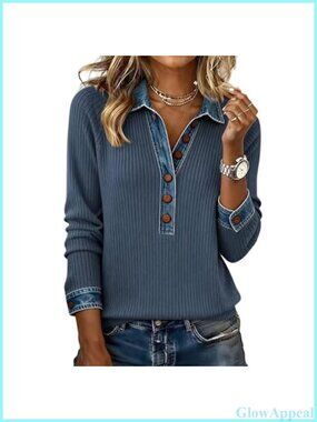 Oversized Polo Sweater Long Sleeve Button Up Denim Pullover Tunic